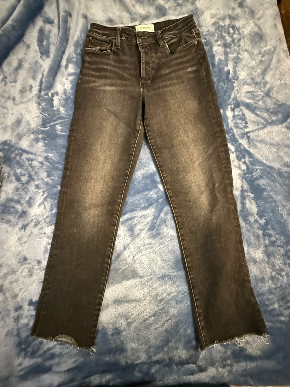 Evereve The Ever Straight High Rise Button Fly Raw Hem Black Jeans Size 26